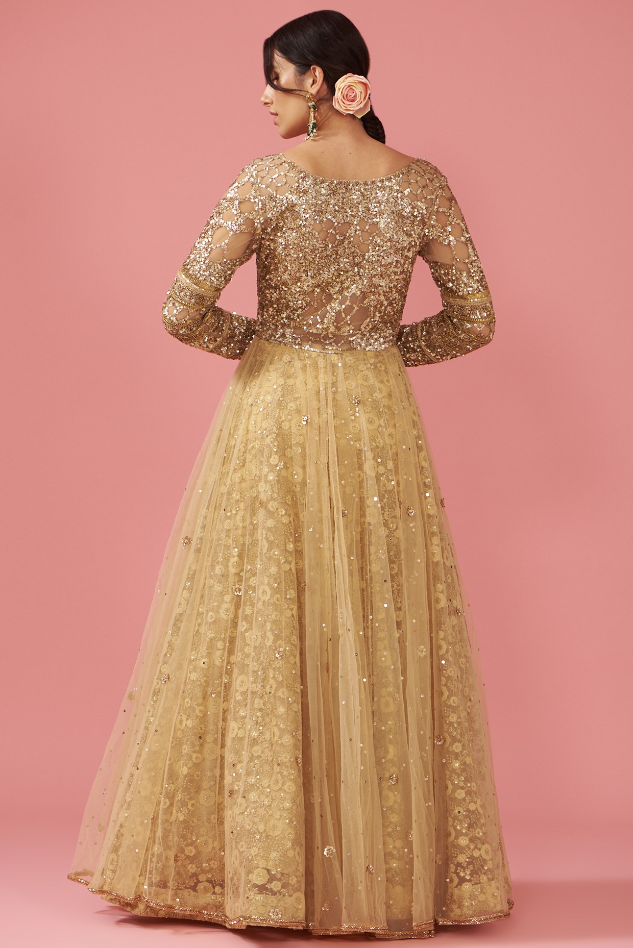 Gold Soft Premium Net Embroidery Wedding Wear Readymade Gown With Resham &  Stone Work - Plus Size Product